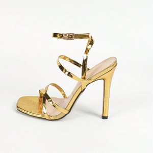 Sandalias de tacón de aguja con punta cuadrada y correa cruzada al tobillo para mujer, estilo euroamericano, zapatos de fiesta con tacones dorados - Product Image 5