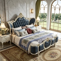 Lit King Size Grand Royal en Bois Massif avec Tête de Lit Rembourrée en Cuir de Vachette Indigo Profond et Boutons – Ensembles de Chambre à Coucher