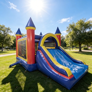 Château gonflable combiné commercial bleu foncé pour enfants et adultes, idéal pour les fêtes en extérieur - Product Image 1