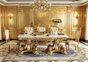 Sofá Seccional de Cuero para Sala de Estar, Estilo Aristocrático Francés, Vintage, Madera Maciza Tallada a Mano, Beige Dorado, 123 Plazas, para Villa - Product Image 2