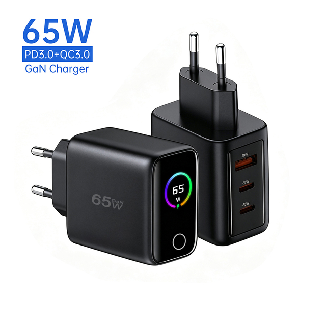 Tommox 65W GaN Tft Charger Display 2C1A Type USB C Fast Mobile Ai Charger Adapter with Display for Laptop Phone Tablet Ipad