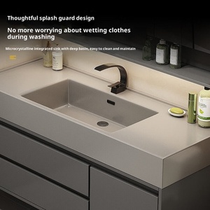 Armoire <span class=keywords><strong>de</strong></span> <span class=keywords><strong>salle</strong></span> <span class=keywords><strong>de</strong></span> <span class=keywords><strong>bain</strong></span> murale intelligente avec lavabo, comptoir en <span class=keywords><strong>bois</strong></span> <span class=keywords><strong>massif</strong></span> multicouche et pierre microcristalline, gris, certifiée CE - Product Image 2
