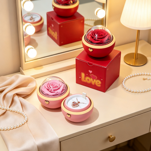Caja de Almacenamiento de Joyas Redonda de Lujo con Flores Preservadas, Opción en Rosa y Rojo, para Anillos, Collares, Regalos de Aniversario y Propuesta de Matrimonio - Product Image 5