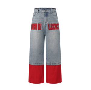 Pantalon en jean ample Huanqiu, style streetwear rétro, indigo délavé, texte rouge brodé, jeans de créateur pour homme - Product Image 2