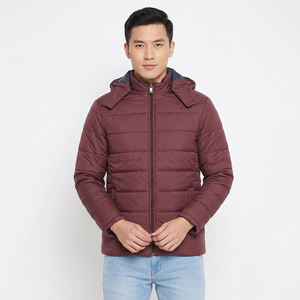Men's Burgundy Hooded Puffer <b>Jacket</b> With Zipper Closure Windproof Casual <b>Winter</b> Outerwear Regular Fit Solid Color Polyester - Product Image 1