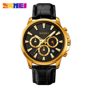 Skmei Men's Quartz Watch Black Leather Strap Chronograph Waterproof Date Display Round Fashion Watch - Product Image 1
