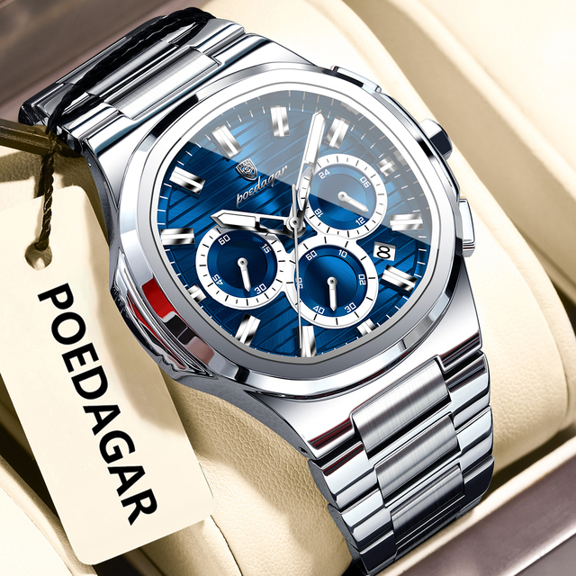 Poedagar Original Business Stainless Steel Montre Homme Waterproof Luminous Chronograph Men's Quartz Watch