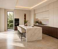 Ensemble d'armoires de cuisine modulaires KEJIA, style moderne minimaliste sans poignées, deux tons crème et grain de bois, avec îlot central