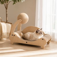 Chaise longue de luxe 3-en-1 en bois pour chat, mini chaise de plage avec griffoir, jouet, balle, hamac surélevé lavable, en carton