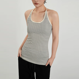 Débardeur Femme Personnalisé Rayé en Coton Élasthanne, Débardeur Court Tricoté pour Femme, Gilet Décontracté d'Été pour Fitness, Débardeur Racer pour Femme - Product Image 3