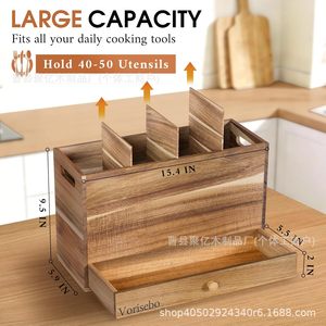Vorisebo Wooden <b>Kitchen</b> Utensil Rack With Drawer Multifunctional <b>Storage</b> <b>Box</b> For Cooking Tools - Product Image 3