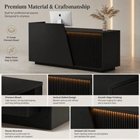 Comptoir de réception moderne avec panneau en lattes de bois, design noir, rétroéclairage LED, pour bureau, salon, logo personnalisé