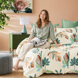Juego de Ropa de Cama de Algodón con Estampado de Hojas Tropicales Monstera, Color Crema y Verde, para Venta al por Mayor y Dropshipping en la UE, 3 Piezas - Product Image 2