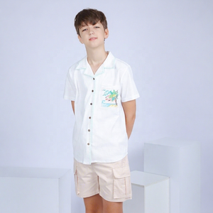 Chemise en lin décontractée pour adolescents, col en V, manches courtes, respirante, séchage rapide, 100% lin, brodée, certifiée OEKO-TEX - Product Image 1
