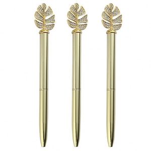 Gold Plated Rhinestone Leaf Top Twist Metal <b>Ballpoint</b> <b>Pen</b>, Elegant Decorative Luxury <b>Pen</b> Custom Logo - Product Image 1