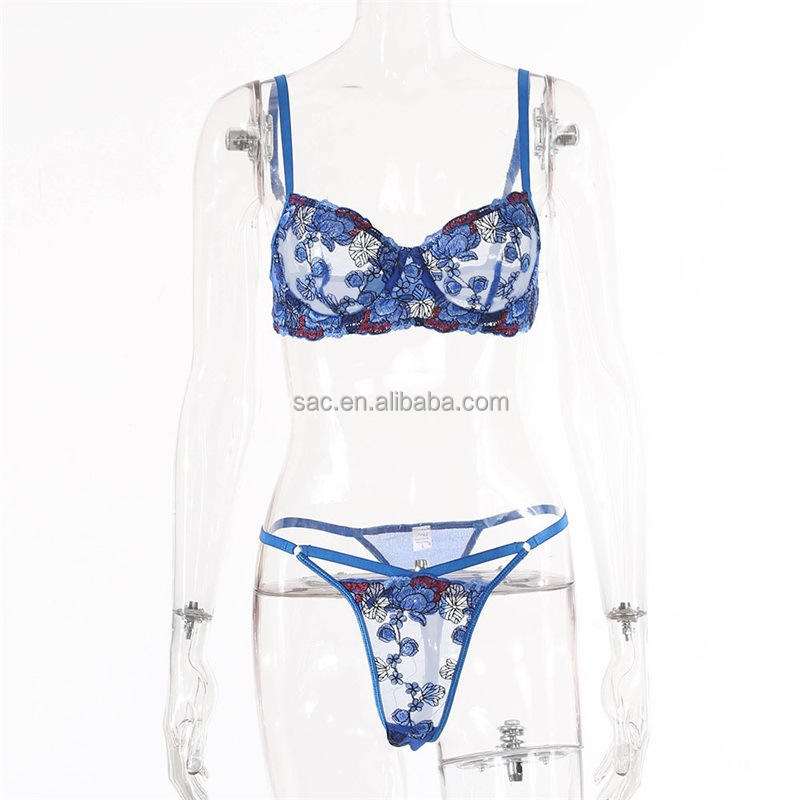 SacKnove W514 Wholesale Vendor Bulk Buy Blue Flower Beautiful Mesh Lace Carved Two-Piece Bikini Sexy Pajamas Bra Set Lingerie