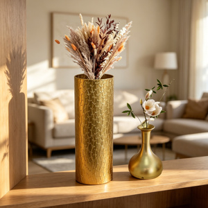 Ensemble de 3 vases décoratifs en métal, motif feuille d'or, vases de sol, vases hauts dorés pour la décoration de la maison, entrée - Product Image 6