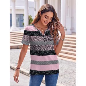 Blusa de Verano para Mujer, Informal, de Manga Corta, Cuello en V, con Botones, para el Trabajo, de Tela Popelina, con Diseño de Color en Contraste - Product Image 2