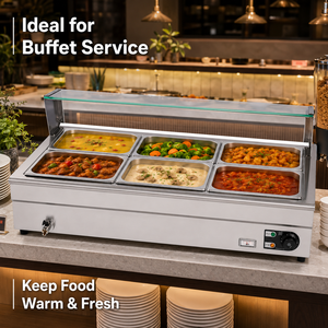 Commercial 1500W Electric Bain Marie 6 Pan Stainless Steel Food <b>Warmer</b> with Glass Sneeze Guard for Restaurant <b>Buffet</b> Station - Product Image 5