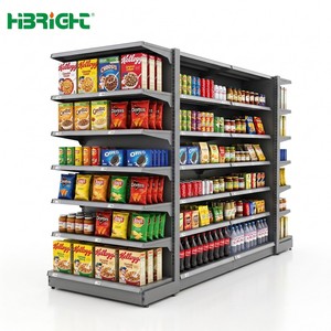 Étagères de supermarché modernes en acier blanc avec cadre imitation bois, présentoirs de vente au détail pour supermarché - Product Image 2