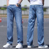 Jean en denim délavé pour homme, coupe droite décontractée, taille mi-haute, ample, grande taille, style business décontracté, respirant, vente en gros