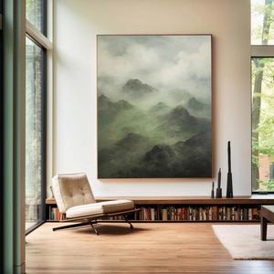 Peinture de paysage de montagne brumeuse, art sur toile vert et gris serein, peinture murale artisanale, art mural sur toile - Product Image 4