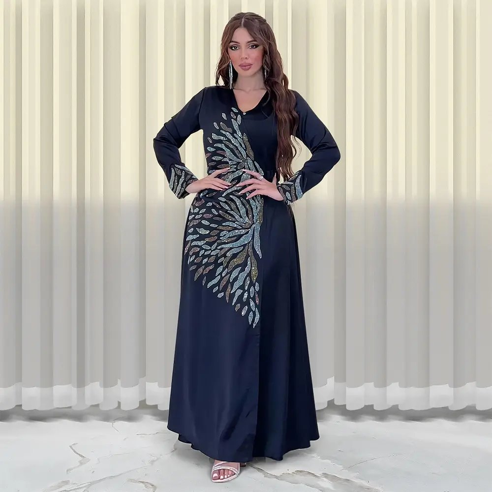 500177 Nahost Mode Kleidung Türkei Islamisches Kleid V-Ausschnitt Glitter Muslim Abaya Jilbab