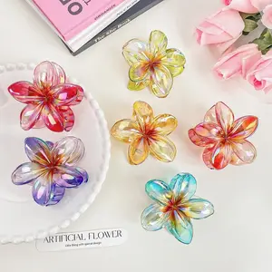 Qianjin 2024 New Hot Sell Women Girls Plumeria Hair Accessories ABS Hawaiian Delicate Gradient Color Flower Hair Claw Clips