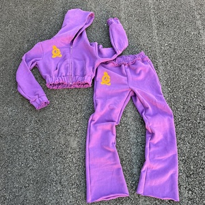 Embroidery Patch Tracksuit Sweat Suits Women Distressed Two Piece Set <b>Cropped</b> <b>Zip</b> <b>up</b> Hoodies and Sweatpants Set Custom Sweatsuit - Product Image 1