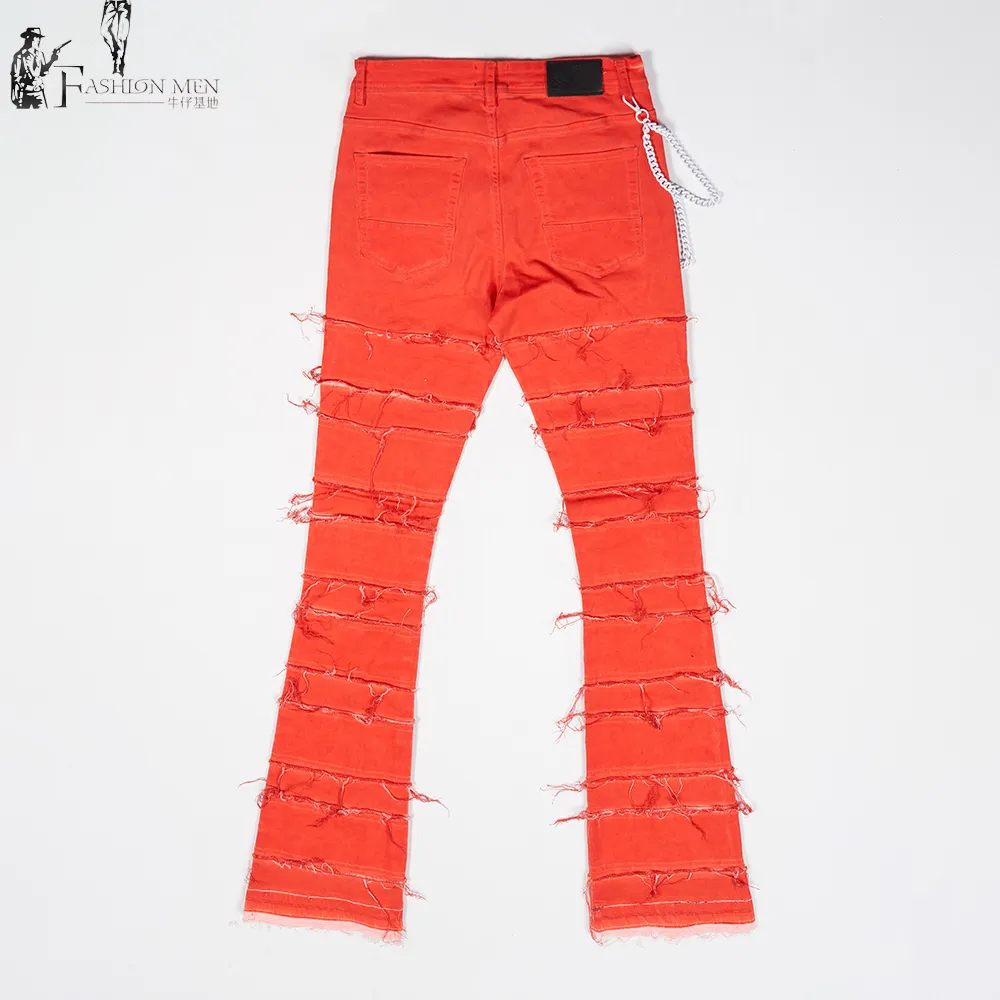 Multi-camadas plissada cadeia casual stretch denim empilhados jeans para homens