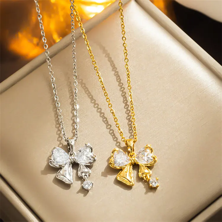 Wholesale New Stainless Steel Necklace Korean Cute Diamond Zircon Bowknot Pendant Necklaces