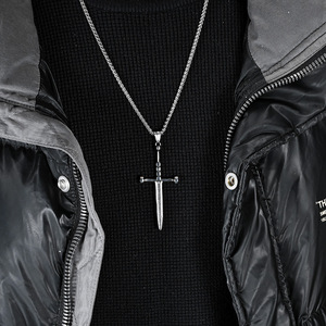 European Knights Double-Edged Cross Sword Necklace for Men - Vintage Style, Self-Defense Long Sword, Cross Pendant, Sweater Chai - Product Image 3