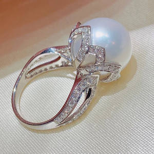 F1773 Women's Cocktail <b>Ring</b> Seawater <b>Pearl</b> Round Brilliant Cut Diamond Pave Setting Wedding Fine Jewelry - Product Image 2