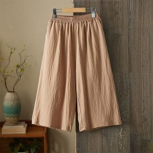 Women's Cotton Linen Capri Pants Loose Fit Wide Leg Elastic Waist Breathable Casual Solid Color Khaki Yellow Beige Gray Black - Product Image 3