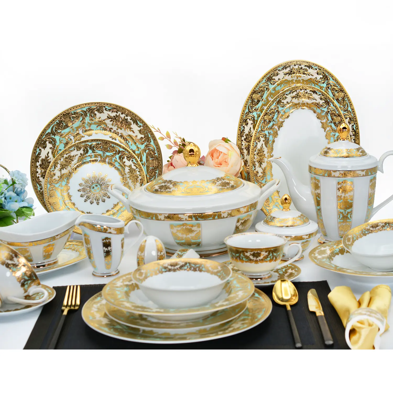 Conjuntos de jantar de porcelana luxuosa para decoração de casa, ouro em relevo, estilo real, osso, porcelana, 98 peças, 24K, estilo real, para festas e festivais