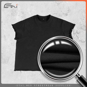 Camiseta de alta calidad de gran tamaño recortada de primavera dobladillo desgastado y parte inferior acanalada cuello redondo mangas cortadas camiseta para hombres - Product Image 3