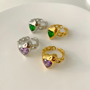 Hip Hop Contrast viola verde a forma di cuore anello in rilievo gioielli in acciaio inossidabile placcato martello modello anello a catena in oro per le donne - Product Image 3