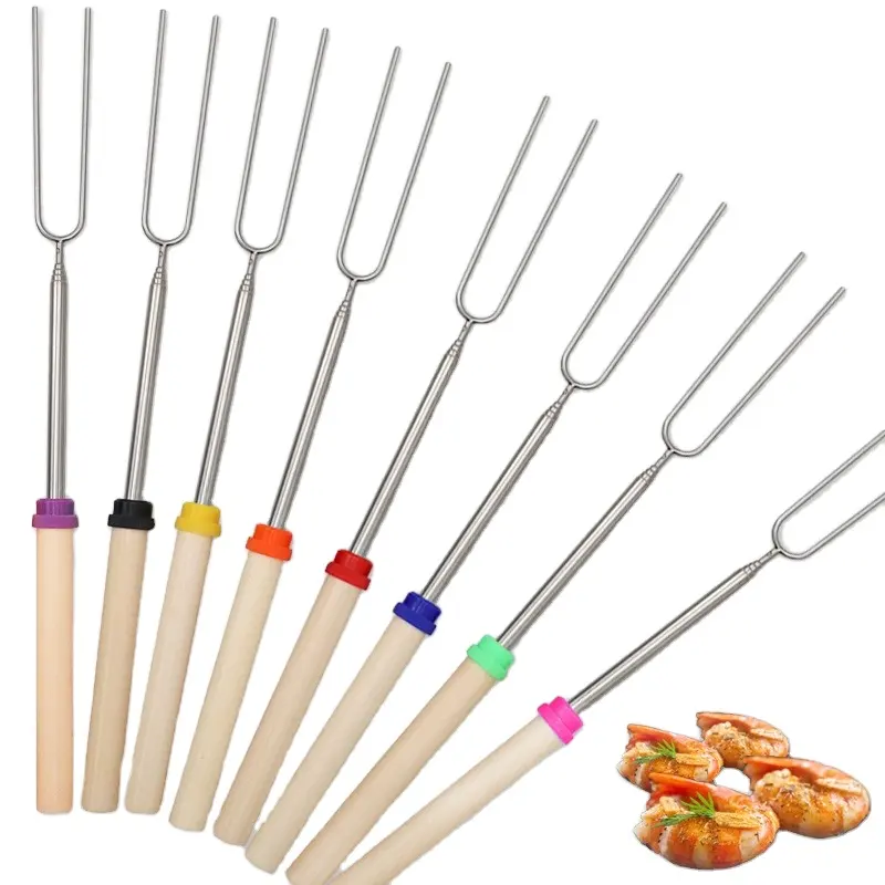BAMBUS Customizable Sets Hot Dog Fork Marshmallow Roasting Telescopic Smores Sticks With Wooden Handle 31Inch