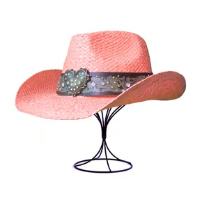 High Quality Women Paper Straw Cowgirl Pink Straw Hat Shapable Brim Sombreros Party Fashion Straw Cowboy Hat