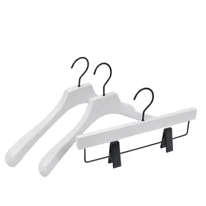 Custom Logo Hanger Flat Head Clips White Wood Coat Hangers for Band Shop
