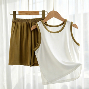 <strong>Boys</strong> and Girls Sleeveless Air-conditioned Clothing Children's Yoke Eco Silk Vest Set Solid Color Baby Home Clothes - Product Image 4