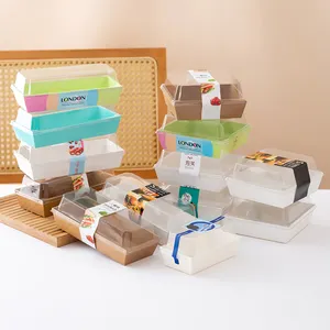 Caja de pan de sándwich de gran oferta, caja de pastel de papel, caja de embalaje de alimentos para llevar con tapa de plástico transparente