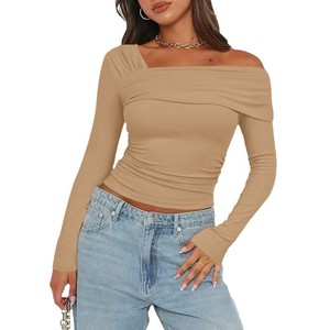 Camiseta de algodón Sexy para mujer con mangas largas y corte Irregular, Tops cortos con logotipo antibolitas, camiseta informal con cuello de hombro - Product Image 5