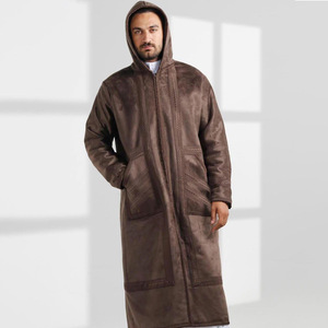 Manteau long en daim épais et long pour homme, cardigan chaud avec capuche et poches, manteau d'hiver en stock, robe musulmane - Product Image 3