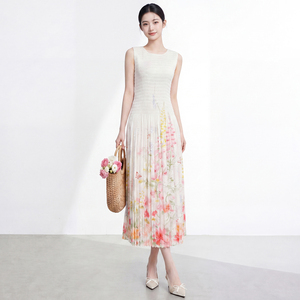 Robe longue plissée en mousseline tissée écologique sans manches, col rond, taille naturelle, mi-mollet, décontractée d'été pour femme - Product Image 2