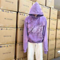 Sweat-shirt à capuche surdimensionné déchiré en coton lourd avec impression DTG personnalisée, lavage à l'acide, graphique délavé, streetwear pour hommes