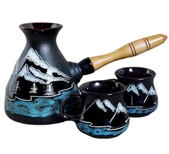 Blue Mountain Coffee Set Ceramic Coffee Set Cezve and Two Coffee Cups