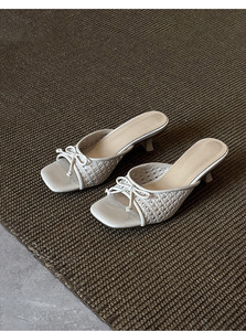 White Square Toe Heeled <b>Sandals</b> With <b>Bow</b> Decoration Breathable Faux Leather Mid Heel Slip-On Elegant Summer Drop Shipping - Product Image 5