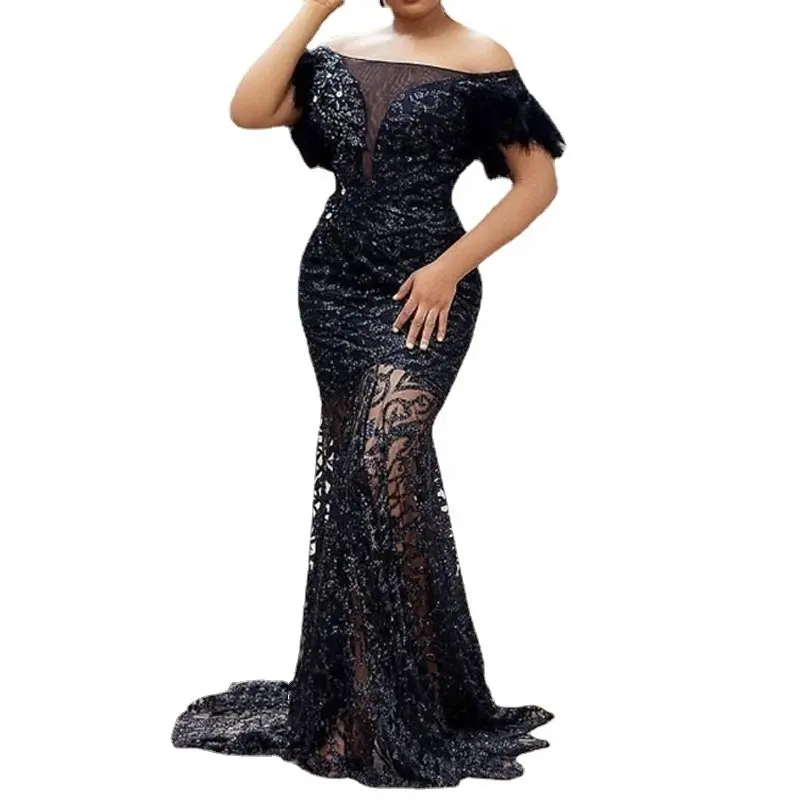 NNR Sexy Plus Size Black Frauen Spitzens toff für Hochzeit und Party Abendkleid