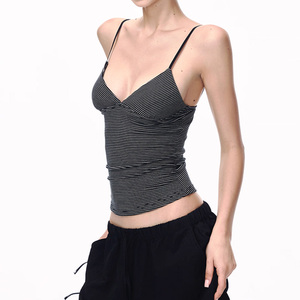 OEM ODM <strong>Women's</strong> <strong>Tank</strong> <strong>Top</strong> 100% Cotton Breathable Summer New Arrival V Neck Striped <strong>T</strong> <strong>Shirt</strong> Cropped Slim Fit Sexy Sleeveless <strong>Top</strong> - Product Image 1